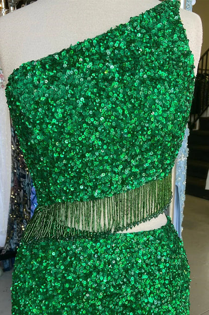 Sequin One-Shoulder Cutout Tassel Long Prom Dress