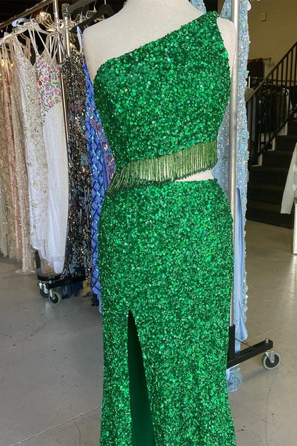 Sequin One-Shoulder Cutout Tassel Long Prom Dress