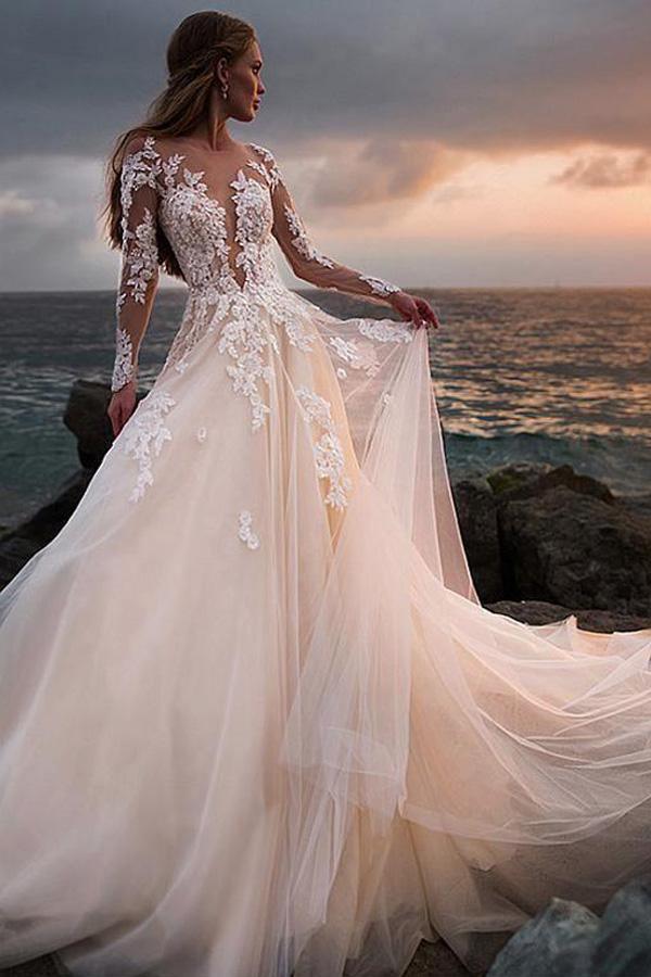 Tulle Beach Wedding Dress with Illusion Lace Long Sleeves
