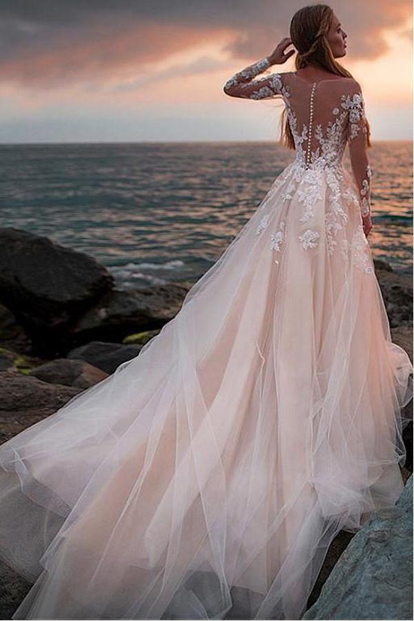 Tulle Beach Wedding Dress with Illusion Lace Long Sleeves