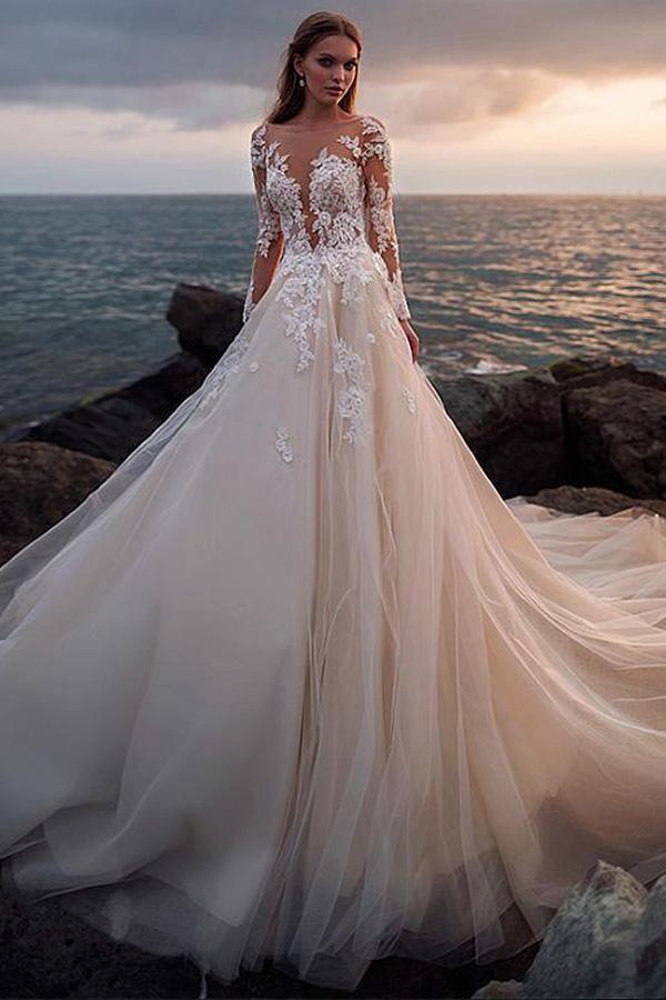 Tulle Beach Wedding Dress with Illusion Lace Long Sleeves