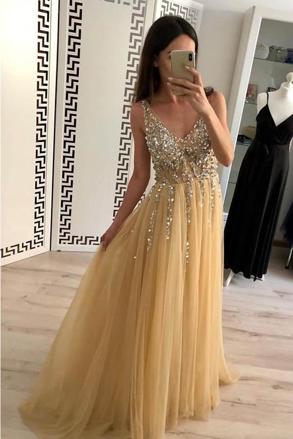 A Line  Sweep/Brush Dresses V Neck Floor Length Prom Dresses With Beading