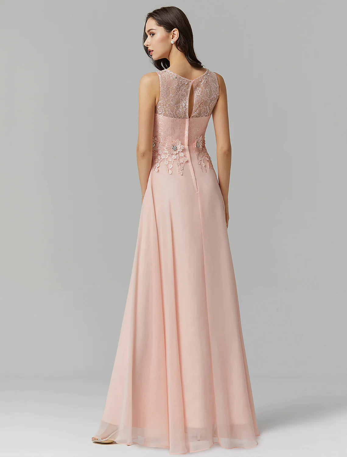 A-Line Empire Dress Wedding Guest Floor Length Sleeveless Illusion Neck Chiffon with Beading Appliques