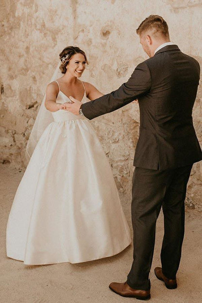 A-Line Straps Floor Length Sleeveless Ivory Wedding Dress