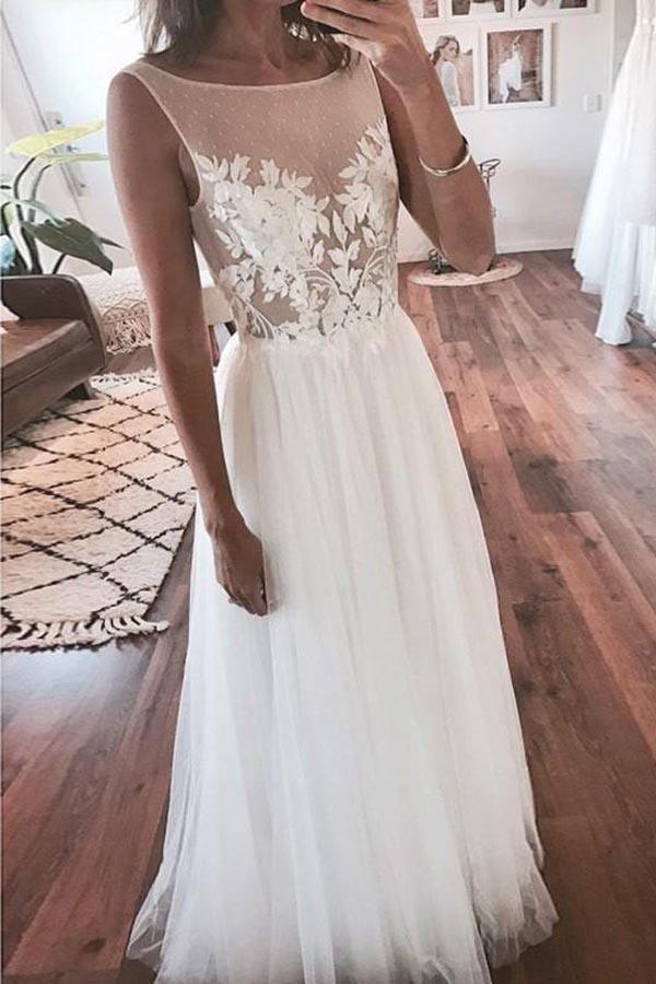 Tulle Beach Lace Applique See Through Wedding Dress