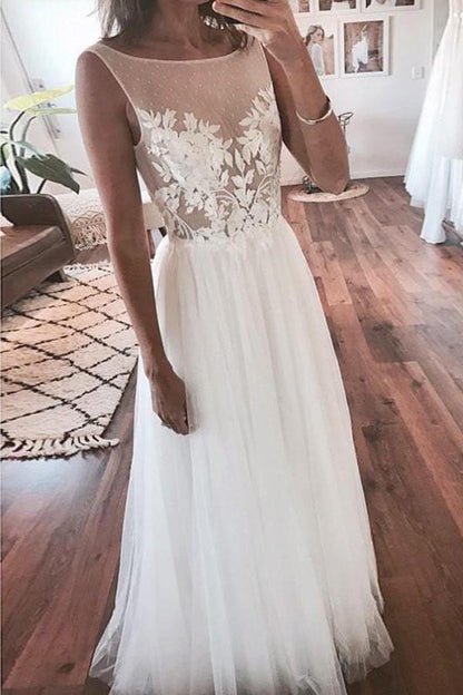 Tulle Beach Lace Applique See Through Wedding Dress