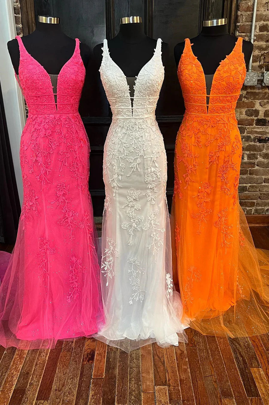 Plunge  Embroidered Mermaid Long Prom Dress