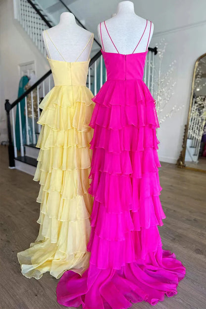 Straps Fuchsia Ruffle Chiffon Prom Dress with Slit