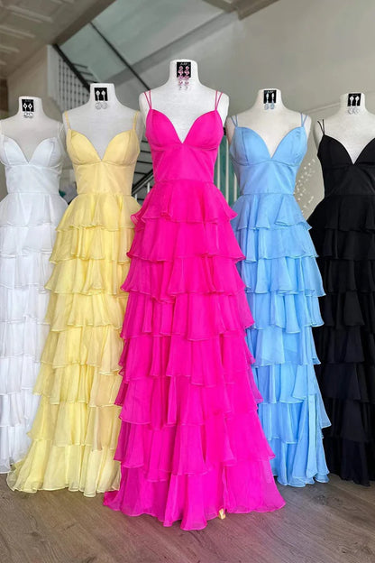 Straps Fuchsia Ruffle Chiffon Prom Dress with Slit