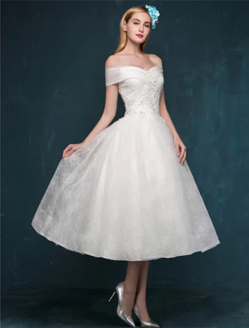 Bridal Dresses Wedding Dresses A-Line Off Shoulder Cap Sleeve Tea Length Lace Bridal Gowns With Beading Sequin