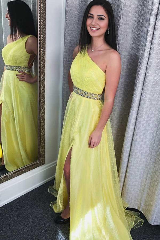 A Line  One Shoulder Ruched Yellow Long Prom Dress With Slit