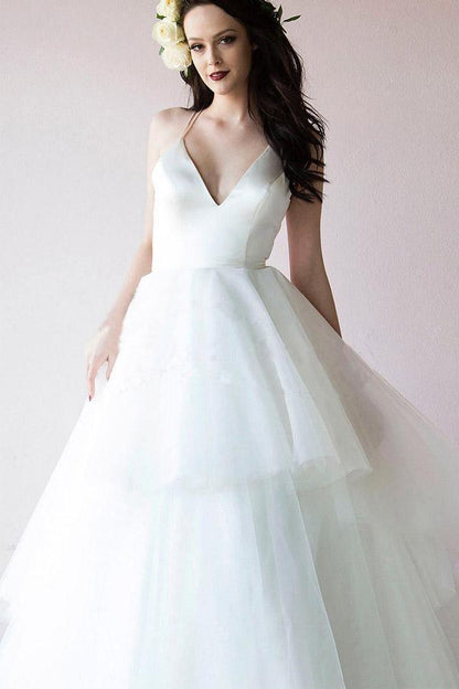 Classic Straps V Neck Ivory Long Bridal Gown Wedding Dresses
