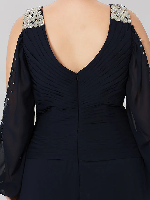A-Line Mother of the Bride Dress Plus Size Elegant Jewel Neck Ankle Length Chiffon Half Sleeve with Ruffles Side-Draped