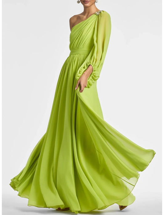 Ruched Dress Floor Length Long Sleeve One Shoulder Fall Wedding Guest Chiffon