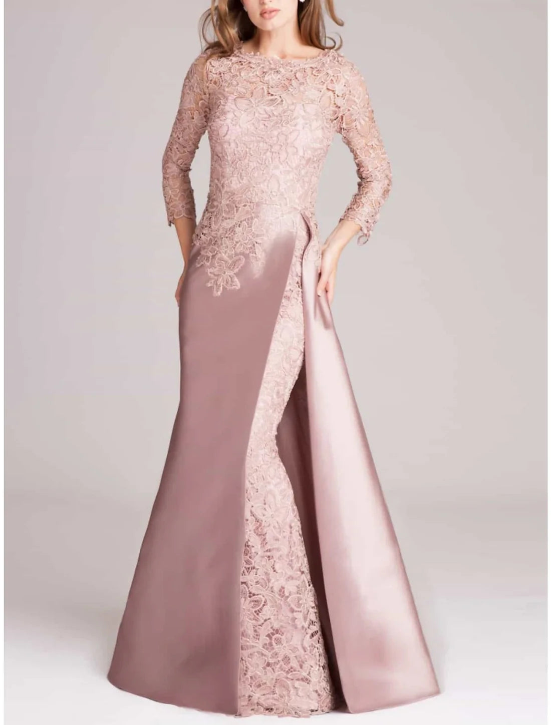 Trumpet Mother of the Bride Dress Wedding Guest Elegant Scoop Neck Floor Length Satin Long Sleeve with Lace Split