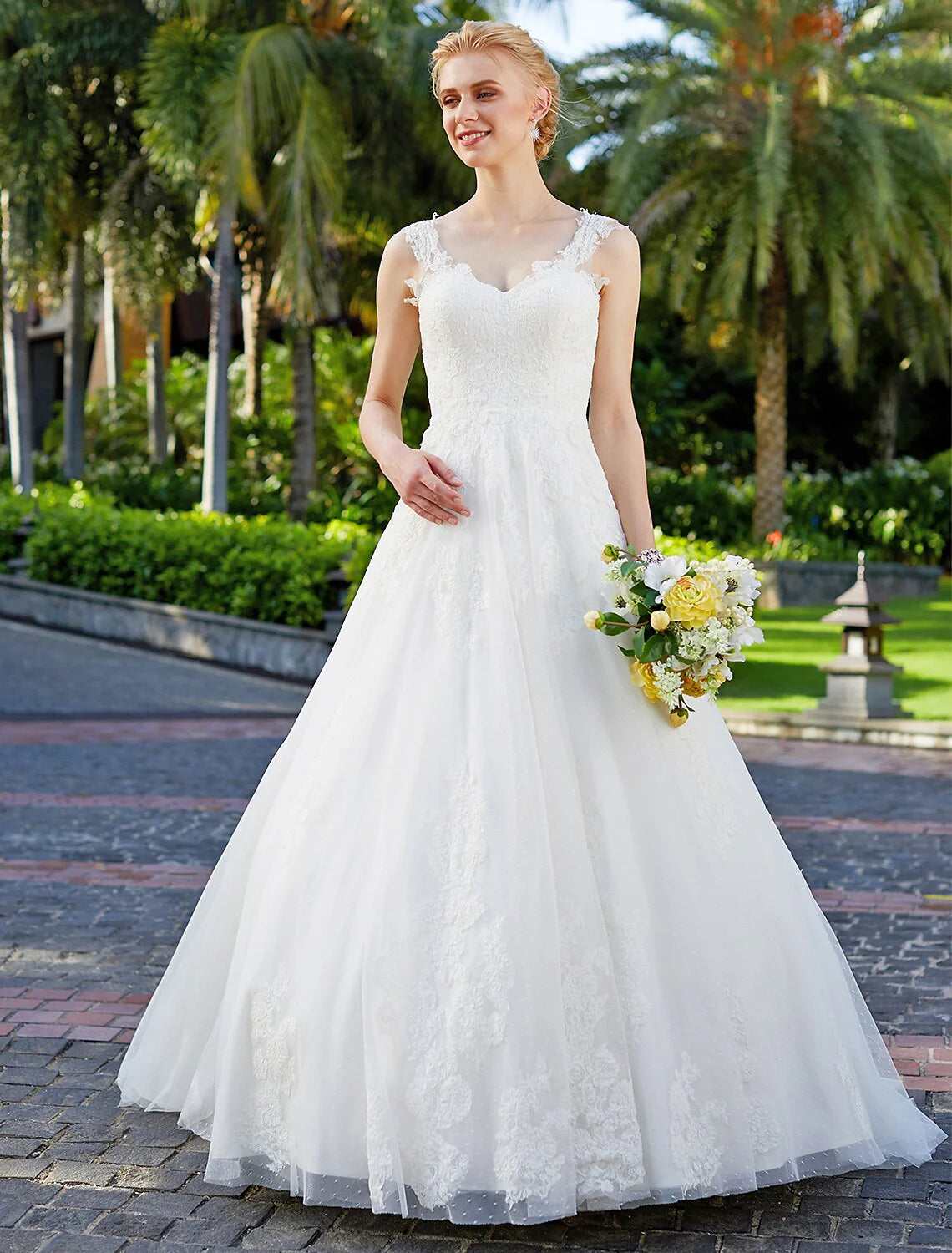 Ball Gown V Neck Regular Straps Floor Length Tulle Over Lace Bridal Gowns With Lace Appliques Wedding Dresses