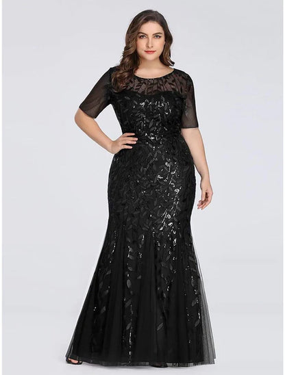 Mermaid / Trumpet Party Wear Formal Evening Dress Jewel Neck Short Sleeve Floor Length Tulle with Embroidery / Illusion Sleeve