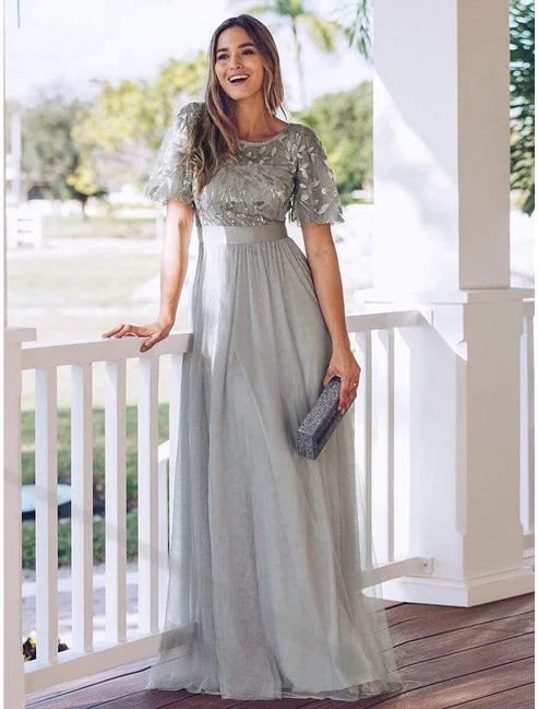 A-Line  Elegant Party Wear Prom Dress Jewel Neck Short Sleeve Floor Length Tulle with Embroidery / Illusion Sleeve