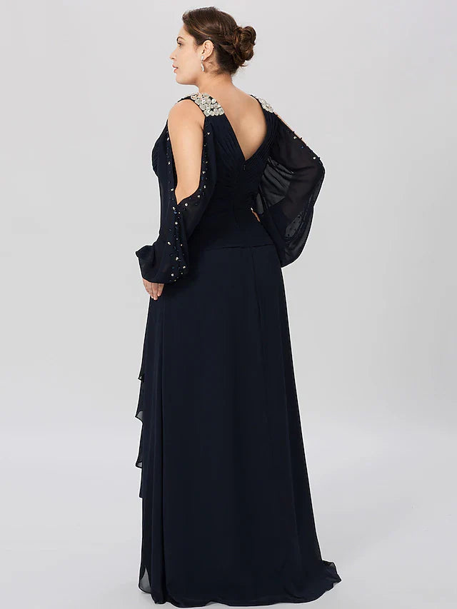 A-Line Mother of the Bride Dress Plus Size Elegant Jewel Neck Ankle Length Chiffon Half Sleeve with Ruffles Side-Draped