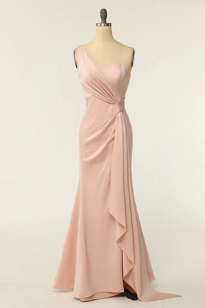 Blush Chiffon One-Shoulder Sheath Backless Long Bridesmaid Dress
