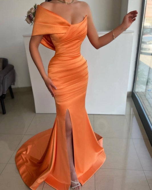 Sheath Mermaid Orange Off the Shoulder  Sweep/Brush Train Prom Dress With Split