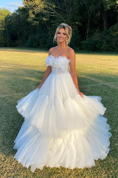 Ball Gown Sweetheart Off-the-Shoulder White Tulle Long Prom Dresses