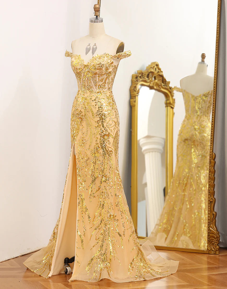 Sparkly Mermaid Off The Shoulder Golden Corset Prom Dress with Slit