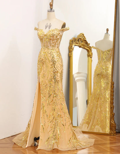 Sparkly Mermaid Off The Shoulder Golden Corset Prom Dress with Slit