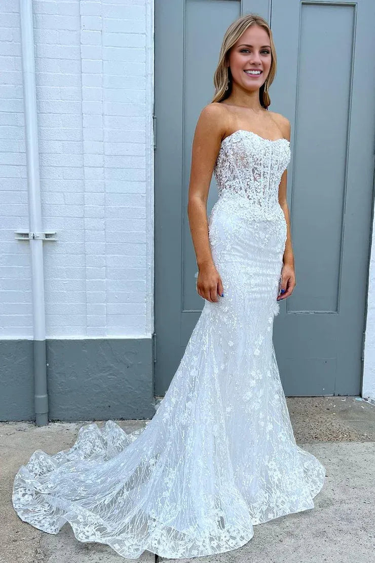 Charming Sparkly Mermaid Sweetheart White Off-the-Shoulder Sequins Long Prom Dresses