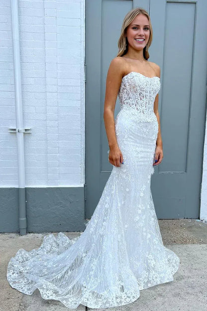 Charming Sparkly Mermaid Sweetheart White Off-the-Shoulder Sequins Long Prom Dresses