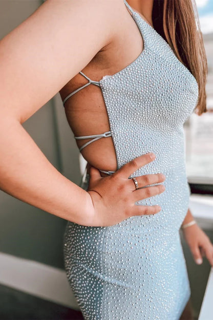 One-Shoulder Lace-Up Hotfix Dress