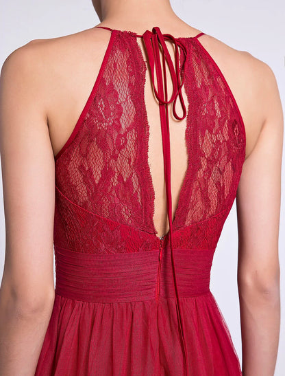 Sheath / Column Bridesmaid Dress Halter Neck Sleeveless See Through Ankle Length Lace / Tulle with Lace