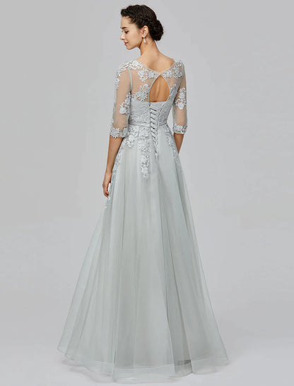A-Line Empire Dress Wedding Guest Floor Length Half Sleeve Illusion Neck Tulle with Bow(s) Appliques