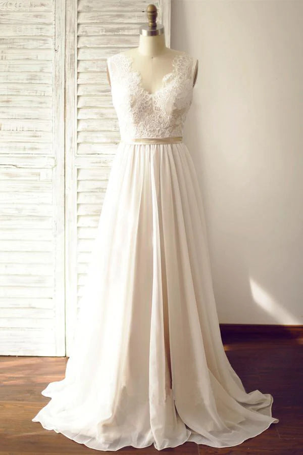 V-neck Sleeveless Open Back Wedding Dress with Lace Sash
