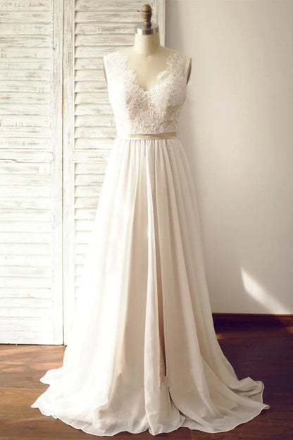 V-neck Sleeveless Open Back Wedding Dress with Lace Sash