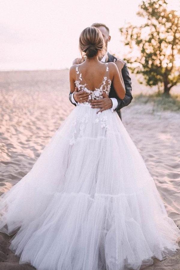 Tulle Skirt Lace V Neck Outdoor Wedding Dresses Bridal Gown