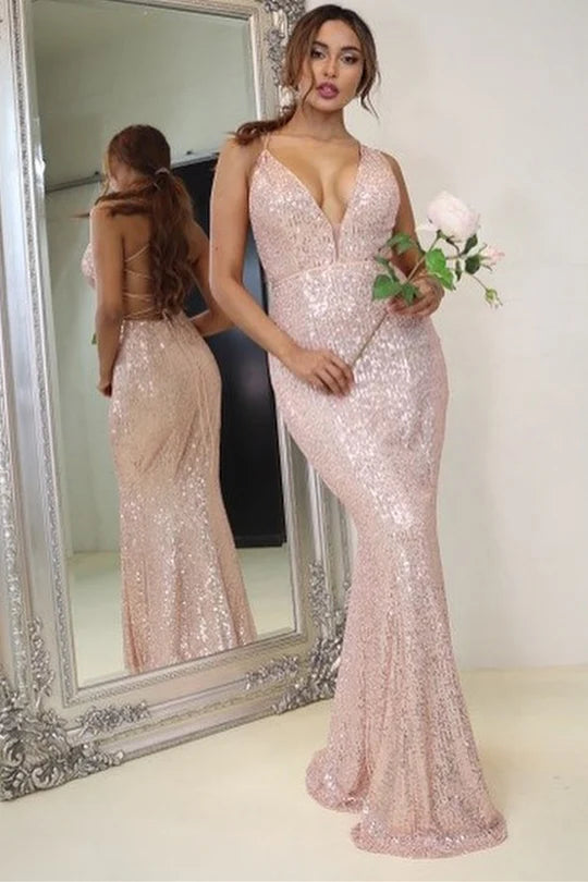 Sequin V-Neck Mermaid Long Formal Dress