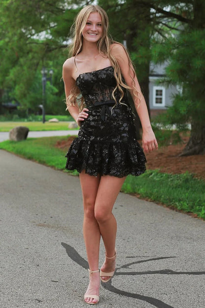 Sequin Lace Strapless Sheer Bodice Short Gown with Ruffles