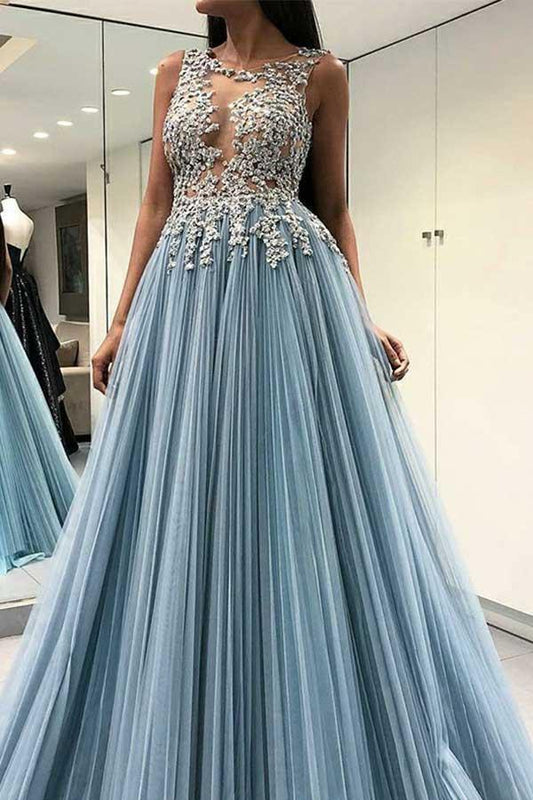A Line Scoop Neck Open Back Long Formal Prom Dress with Appliques
