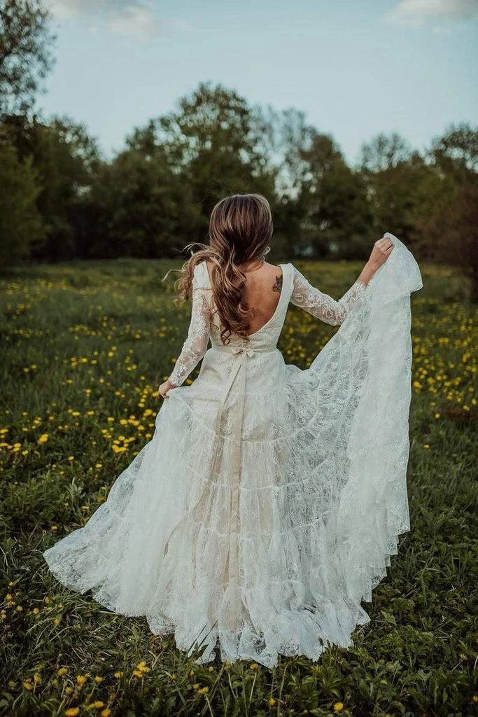 Deep V Neck Boho Wedding Dress Long Sleeve Rustic Wedding Dress