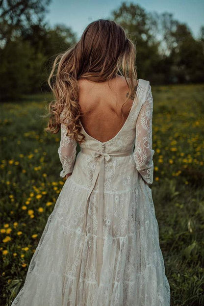 Deep V Neck Boho Wedding Dress Long Sleeve Rustic Wedding Dress