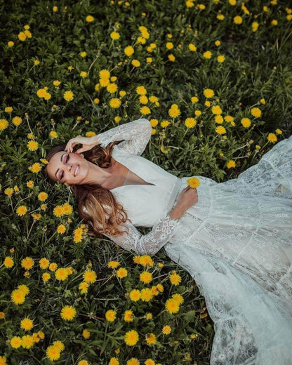 Deep V Neck Boho Wedding Dress Long Sleeve Rustic Wedding Dress
