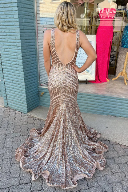 Plunge V  Sequins Mermaid Long Evening Dress