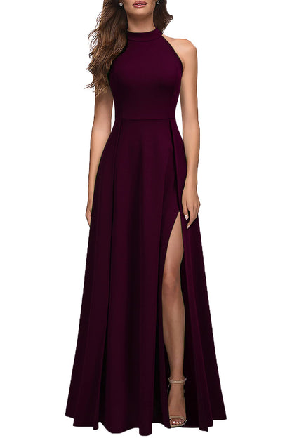 Wedding Guests Dresses Women's Halter Neck Sexy Side Fork Cocktail Party Maxi Long Prom Dresses Formal Wear Dresses