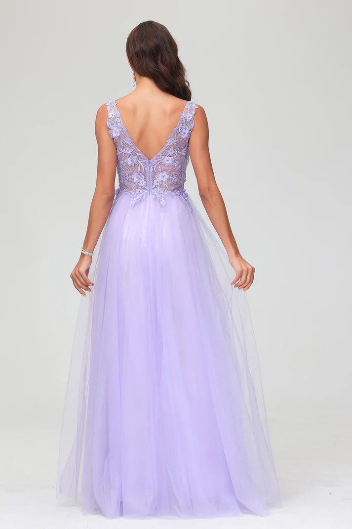 Prom Dresses A-Line V-neck Sleeveless Applique Beaded Tulle Floor-Length Formal Women's Dresses