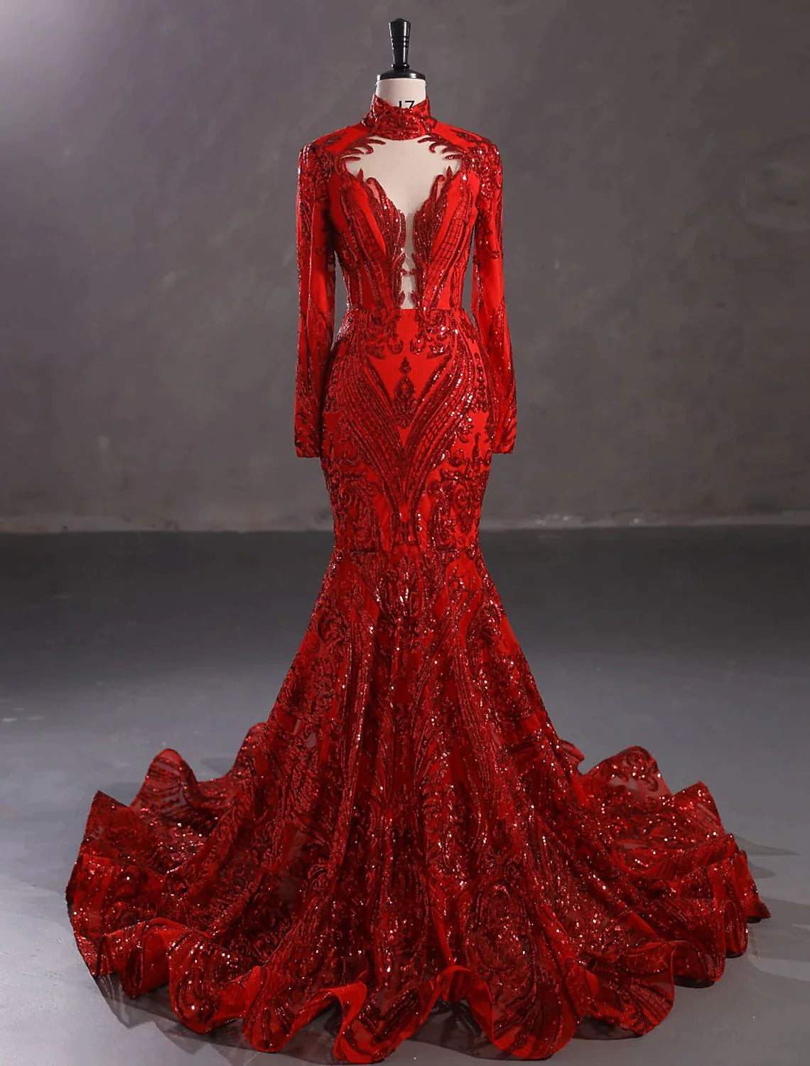 Mermaid / Trumpet Evening Gown Elegant Dress Engagement Court Train Long Sleeve Stand Collar Lace with Sequin