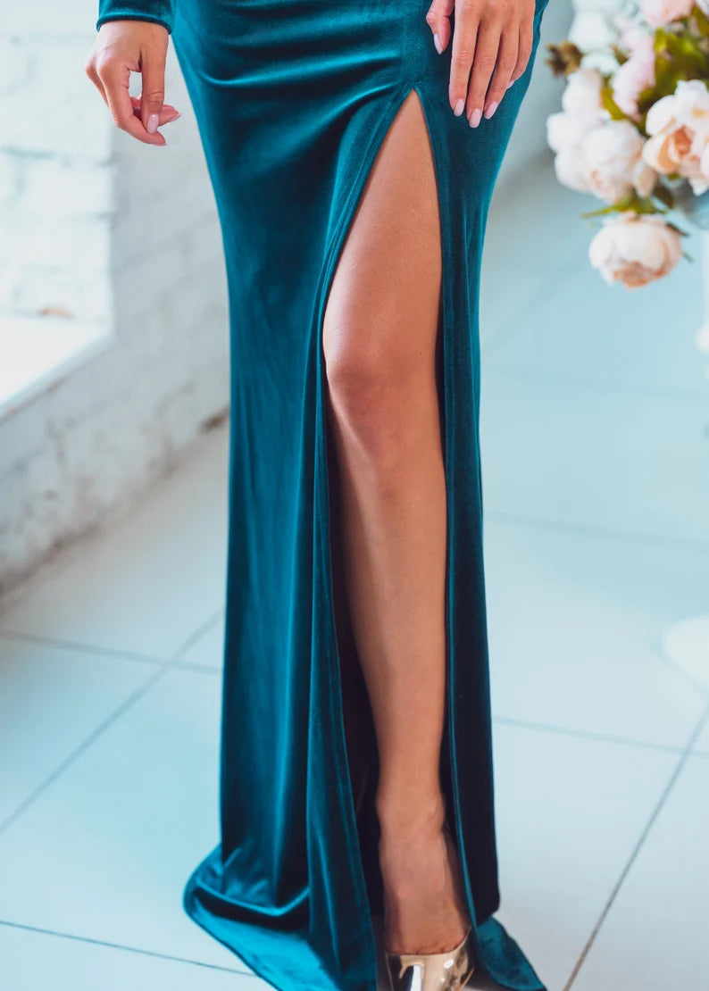 Maxi Bodycon Velvet Dress V Neck Long Sleeve Side Fork Formal Wear Dresses Wedding Guest Dress Evening Dress