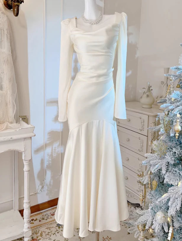 New Pattern Wedding Dress Square Neck Mermaid Cultivate oneself Long Sleeves Long Formal Dresses