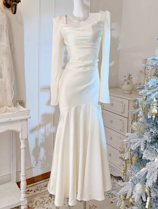 New Pattern Wedding Dress Square Neck Mermaid Cultivate oneself Long Sleeves Long Formal Dresses
