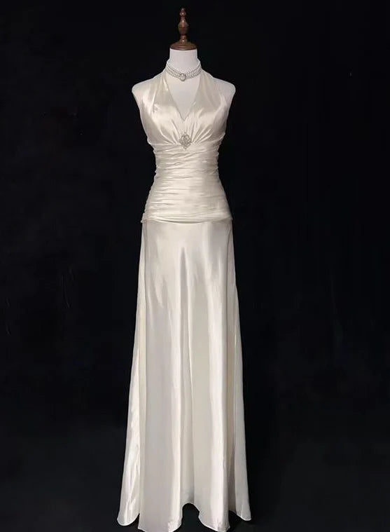 New Pattern Wedding Dress A Line V Neck Halter Satin Ruched Long Fashion Personality Formal Dresses